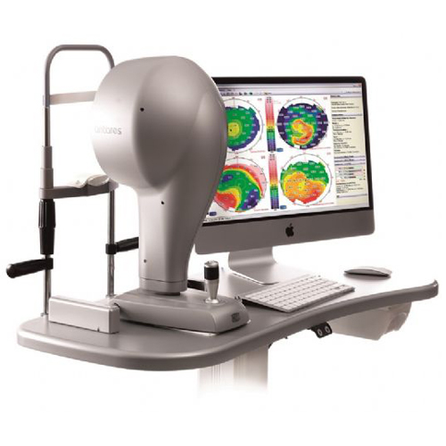 Appareil de mesure pour la chirurgie réfractive au laser avec un écran affichant des analyses topographiques de la cornée.